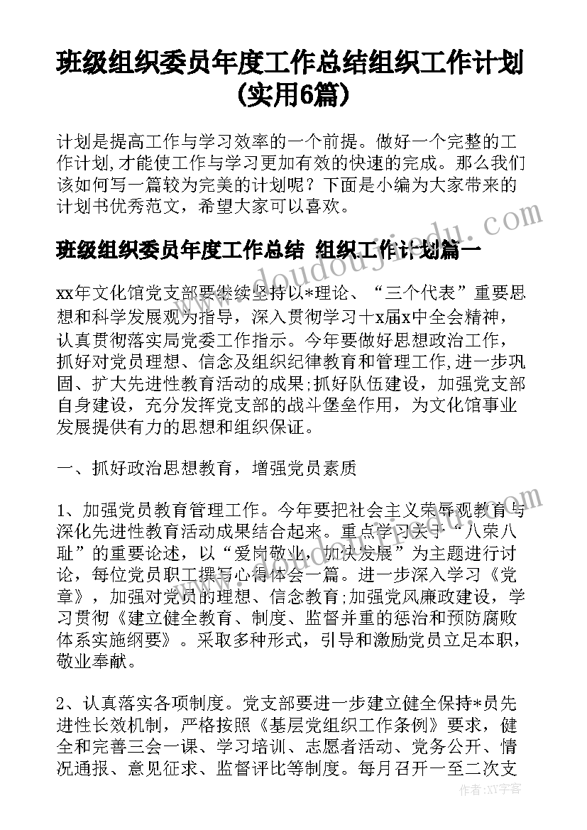 班级组织委员年度工作总结 组织工作计划(实用6篇)