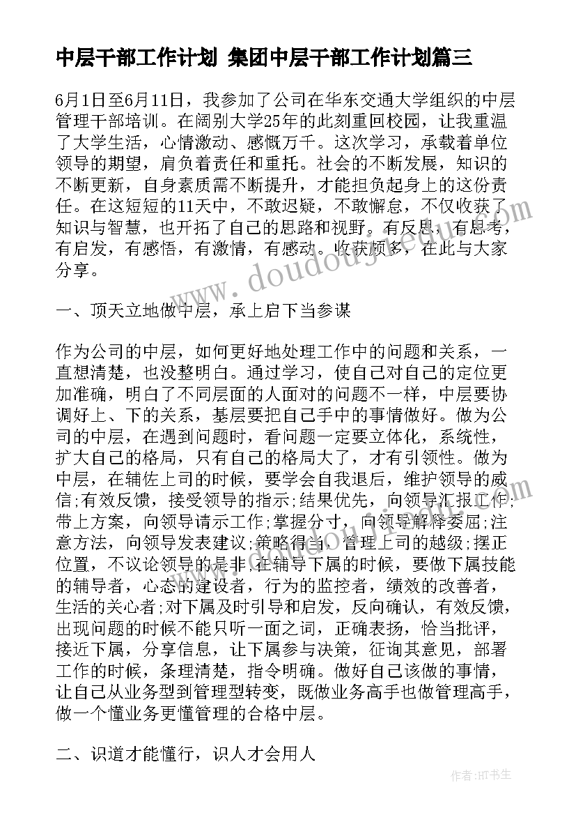 最新中层干部工作计划 集团中层干部工作计划(精选10篇)