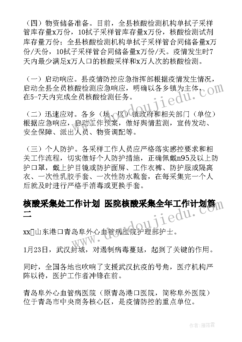 核酸采集处工作计划 医院核酸采集全年工作计划(大全8篇)