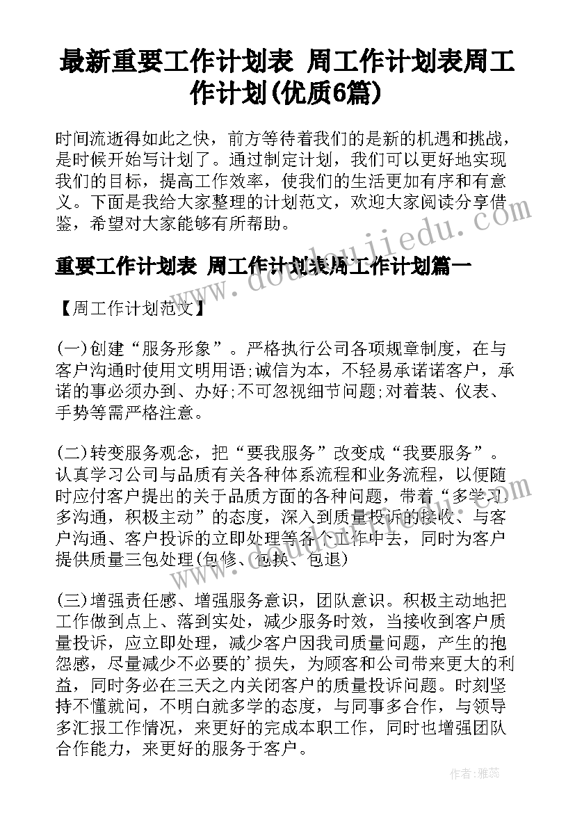 最新重要工作计划表 周工作计划表周工作计划(优质6篇)