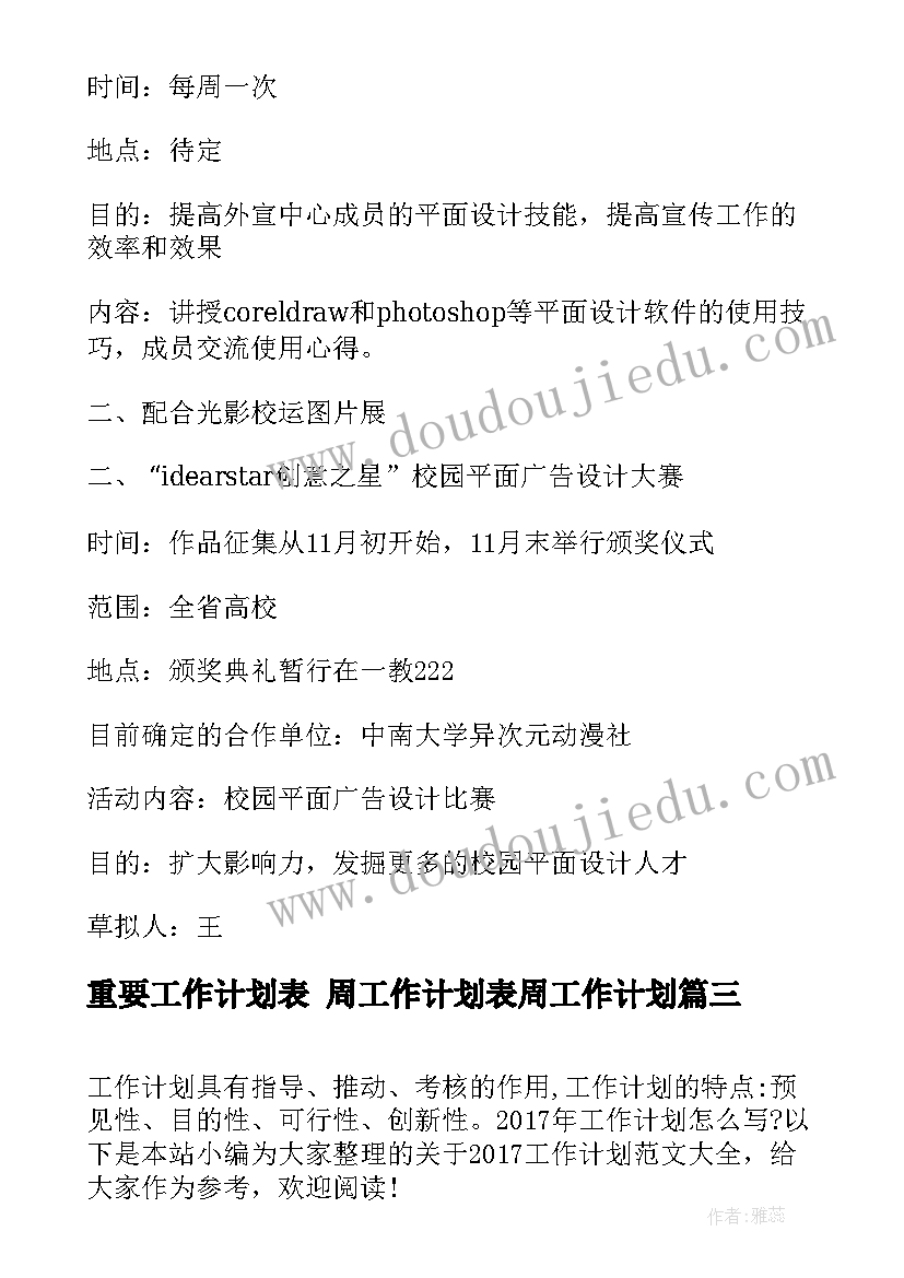 最新重要工作计划表 周工作计划表周工作计划(优质6篇)