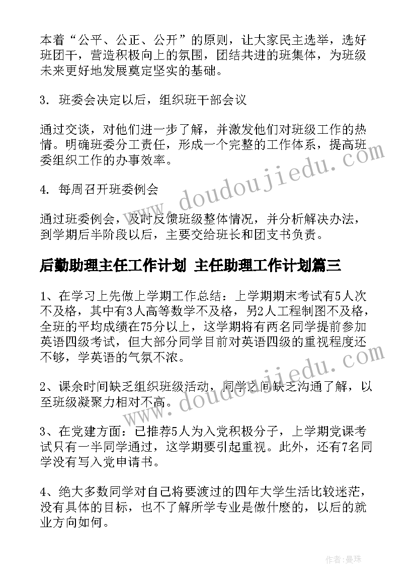 2023年后勤助理主任工作计划 主任助理工作计划(大全7篇)