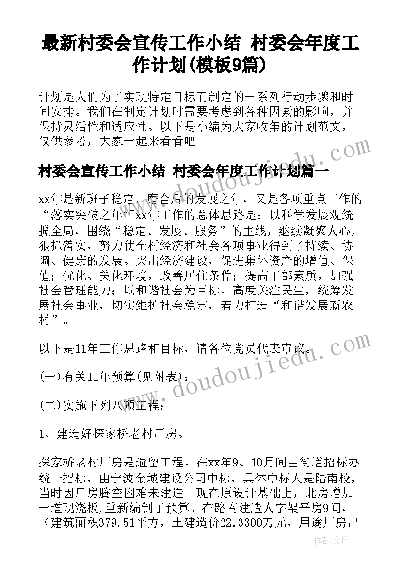 最新村委会宣传工作小结 村委会年度工作计划(模板9篇)