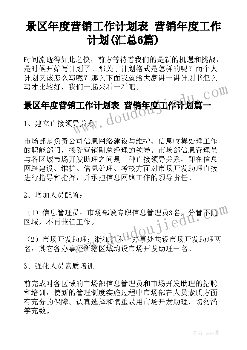 景区年度营销工作计划表 营销年度工作计划(汇总6篇)