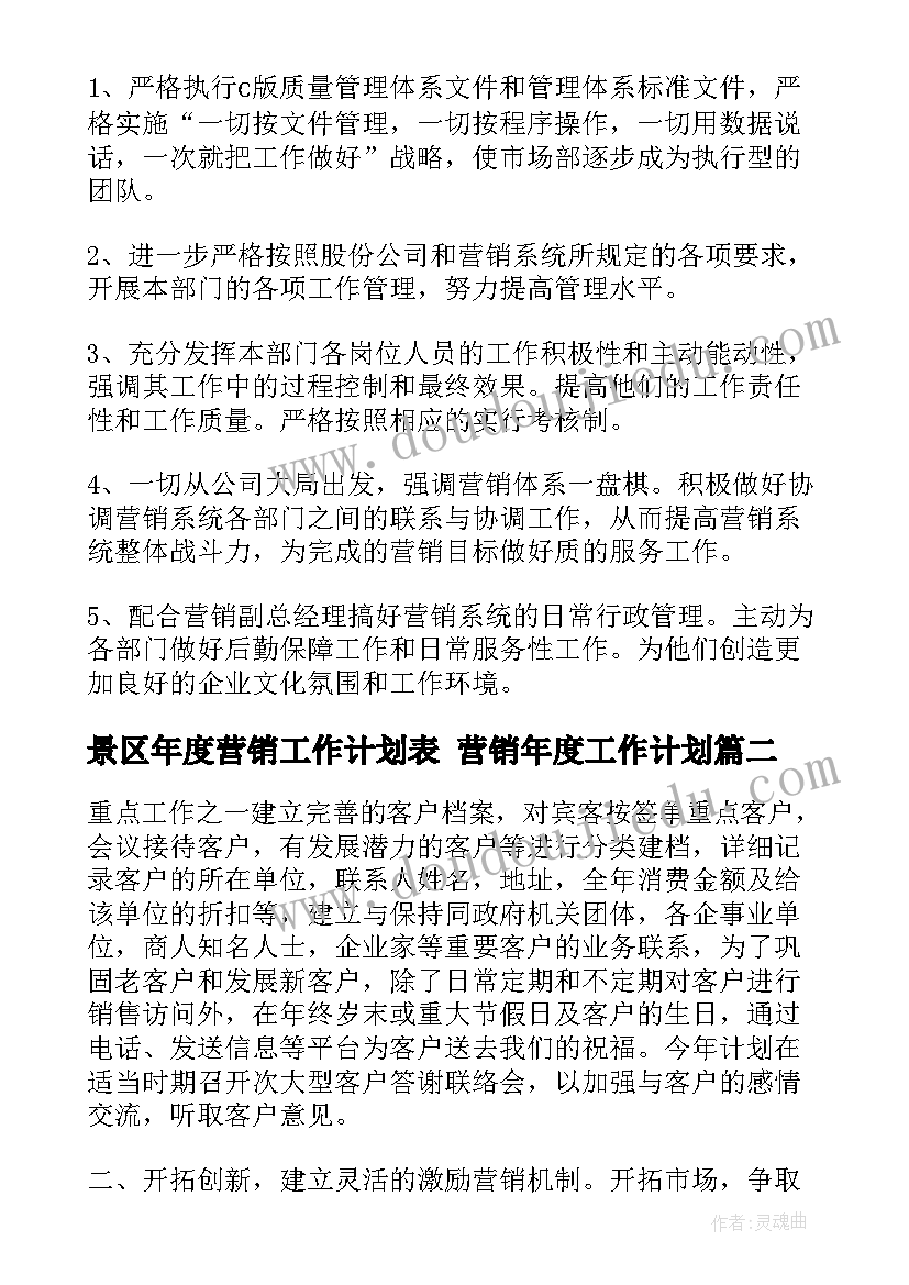 景区年度营销工作计划表 营销年度工作计划(汇总6篇)