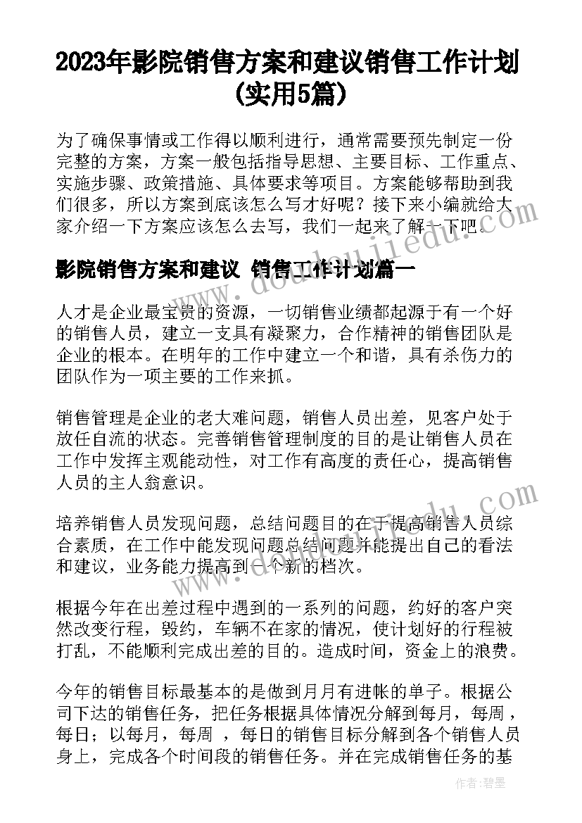 2023年影院销售方案和建议 销售工作计划(实用5篇)