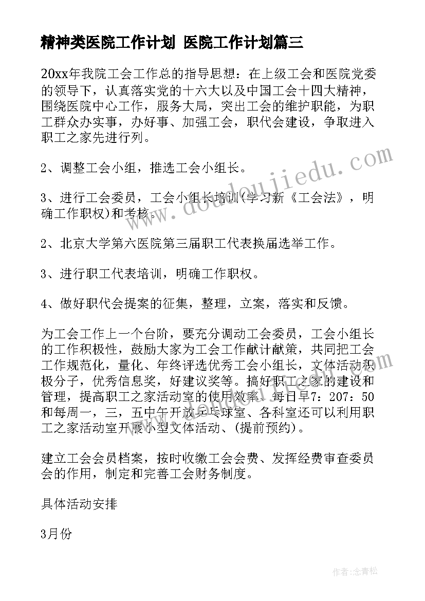 2023年精神类医院工作计划 医院工作计划(优秀7篇)