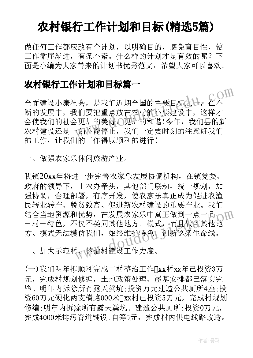 农村银行工作计划和目标(精选5篇)