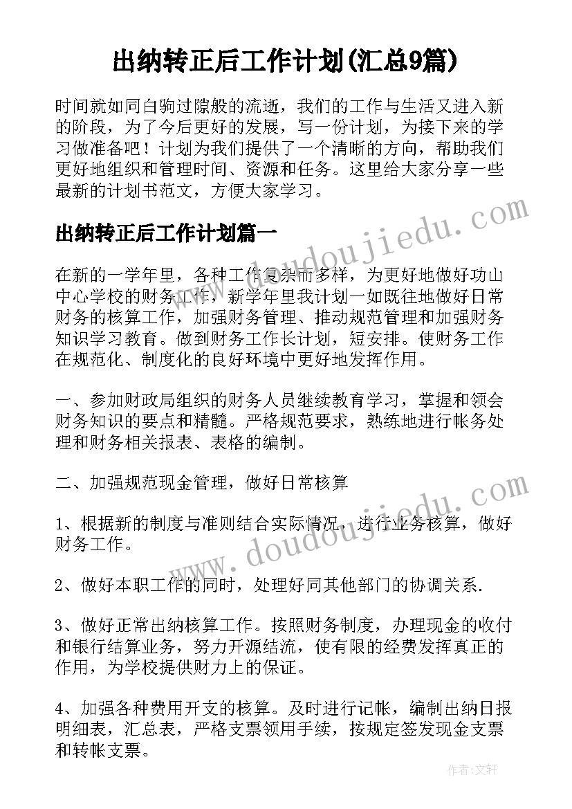 出纳转正后工作计划(汇总9篇)