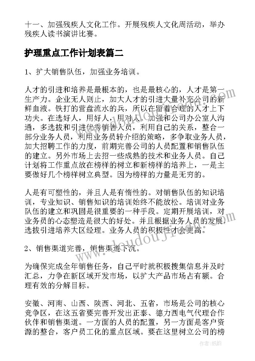 护理重点工作计划表(模板10篇)