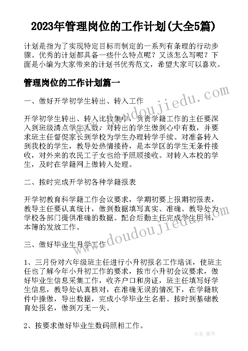 2023年管理岗位的工作计划(大全5篇)