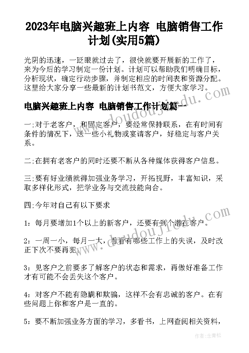 2023年电脑兴趣班上内容 电脑销售工作计划(实用5篇)