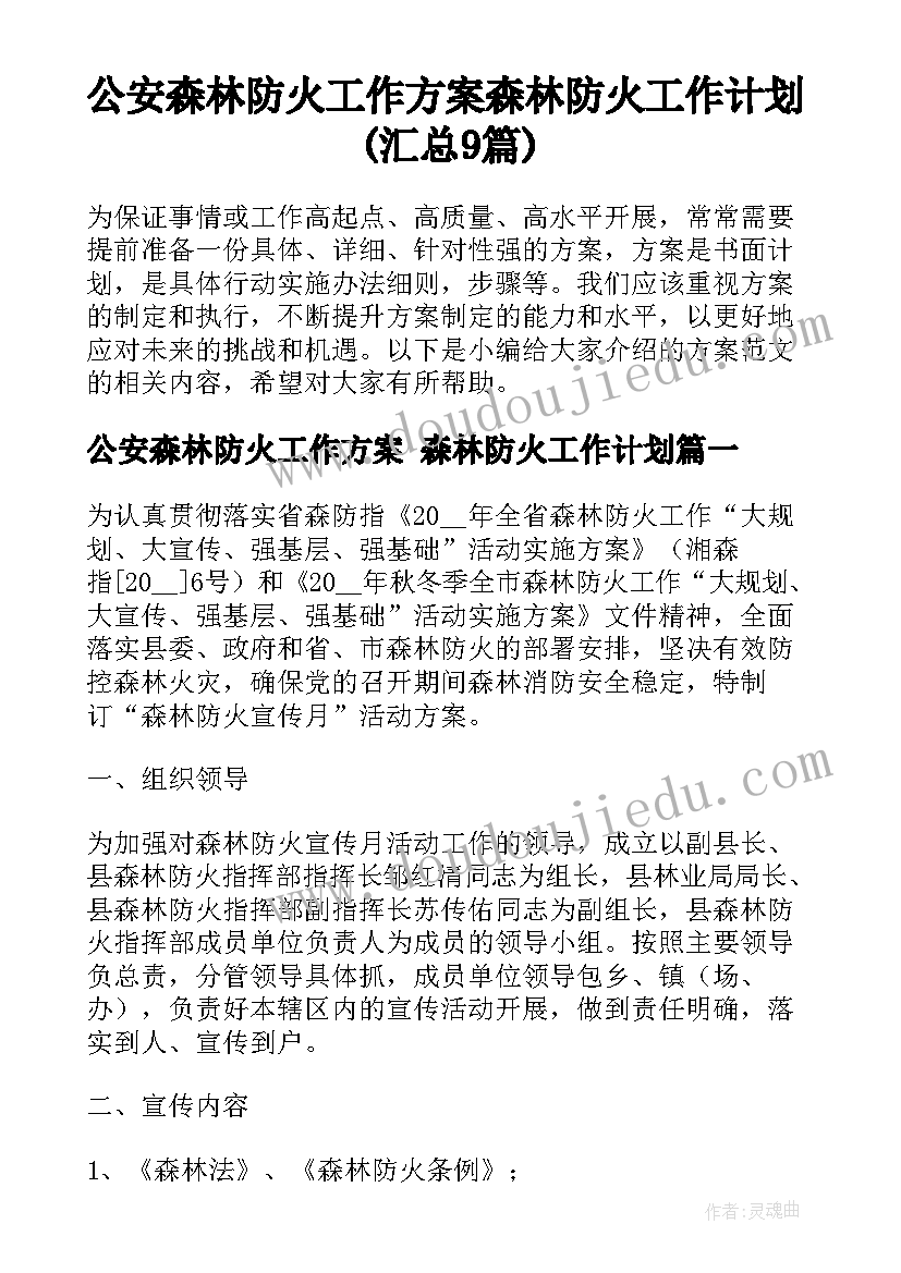 公安森林防火工作方案 森林防火工作计划(汇总9篇)