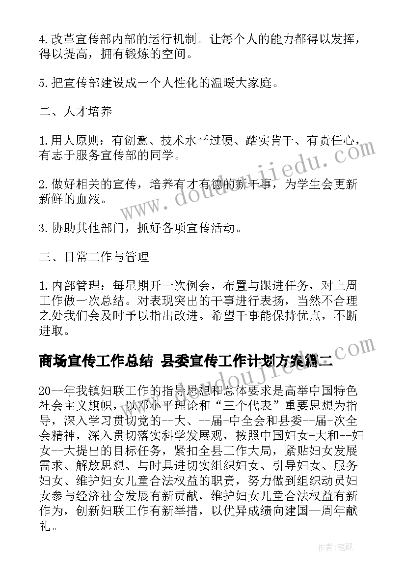 2023年商场宣传工作总结 县委宣传工作计划方案(精选5篇)