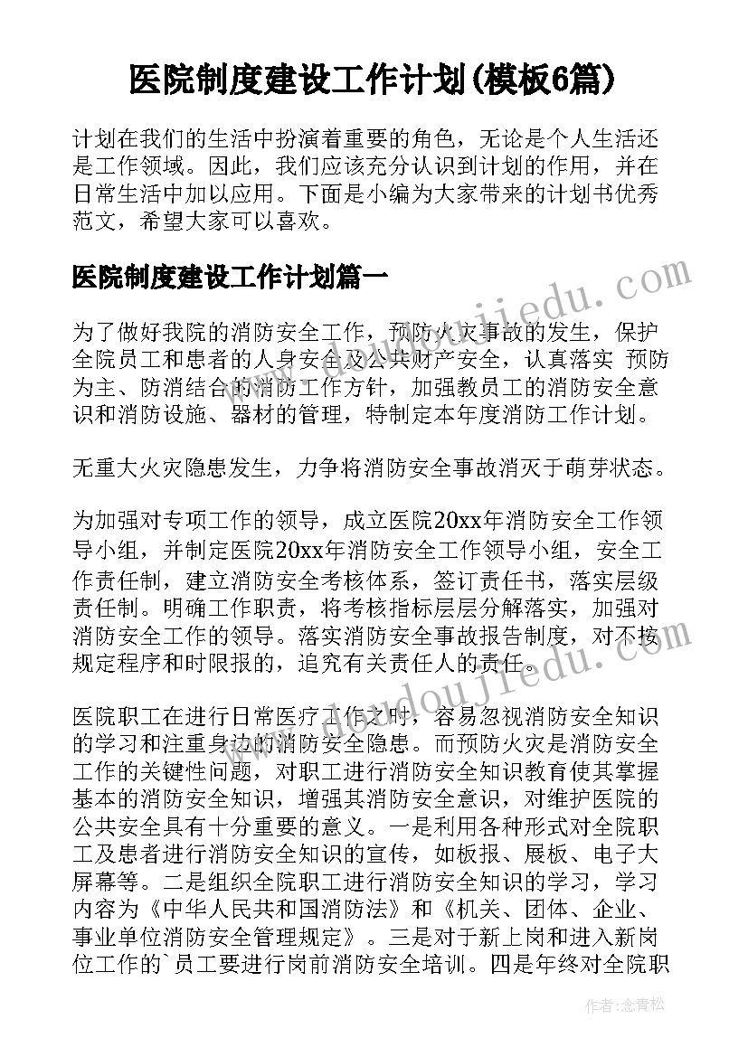 医院制度建设工作计划(模板6篇)