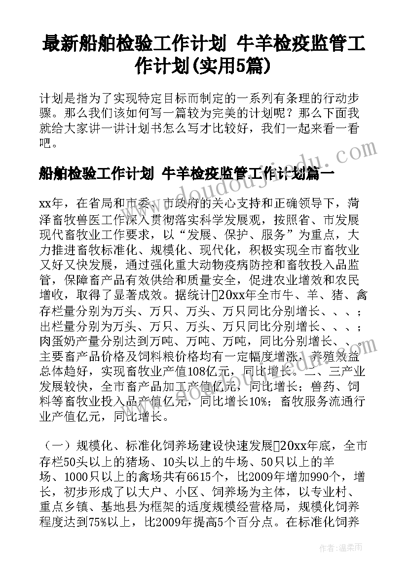 最新船舶检验工作计划 牛羊检疫监管工作计划(实用5篇)