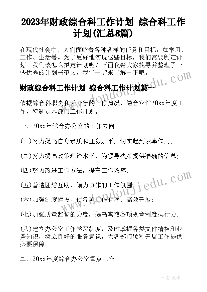 2023年财政综合科工作计划 综合科工作计划(汇总8篇)