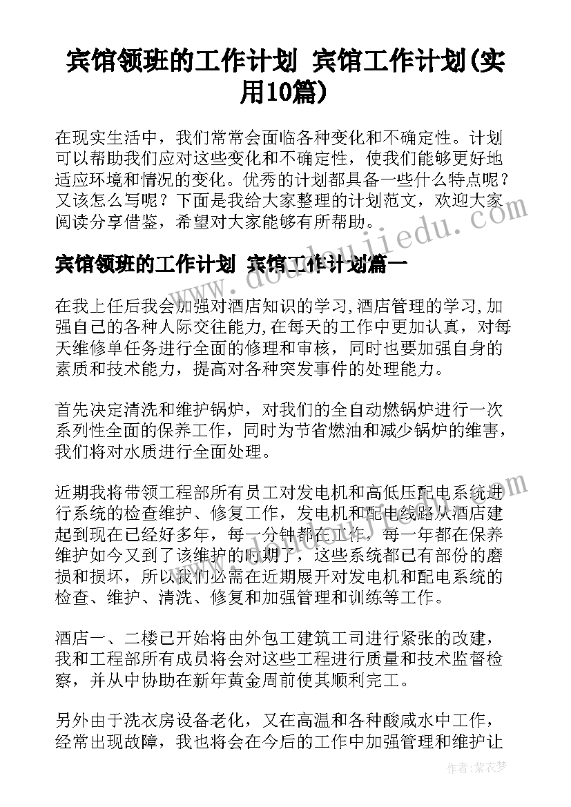 宾馆领班的工作计划 宾馆工作计划(实用10篇)