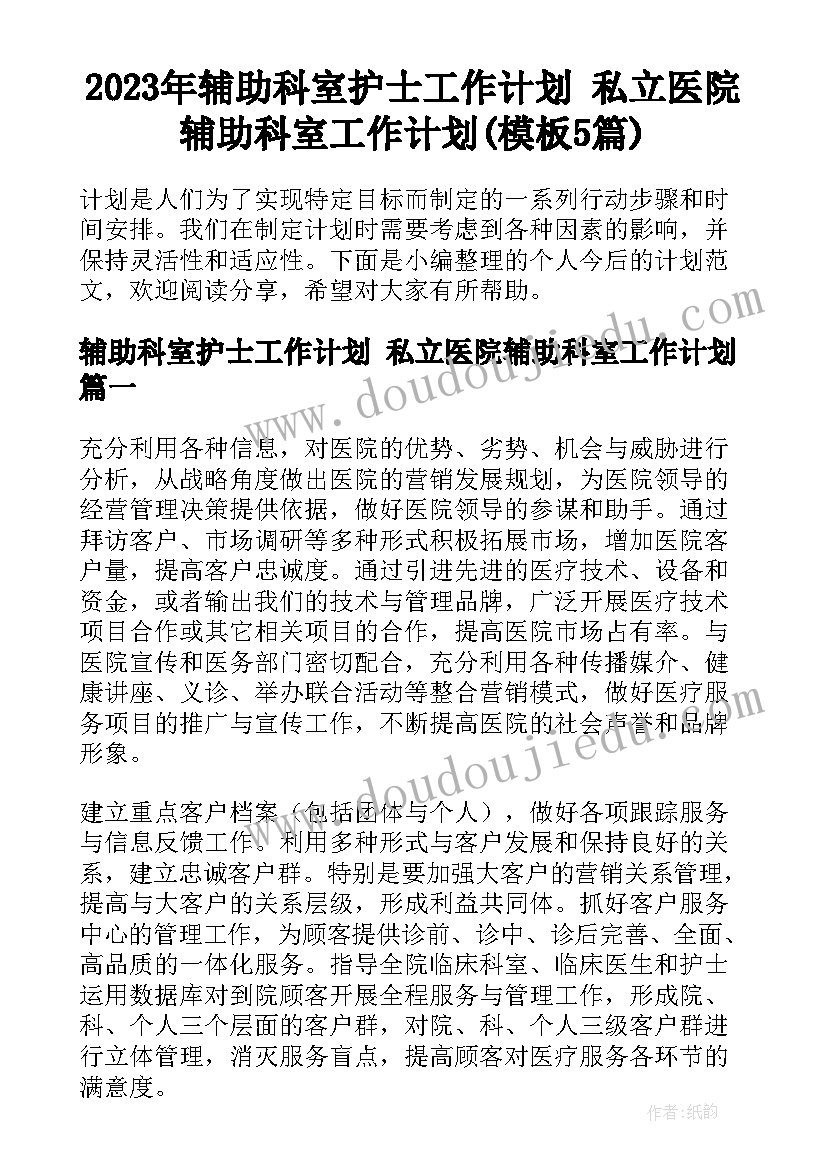 2023年辅助科室护士工作计划 私立医院辅助科室工作计划(模板5篇)