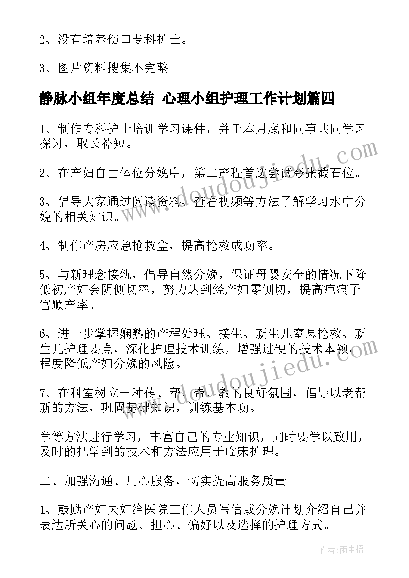 2023年静脉小组年度总结 心理小组护理工作计划(汇总5篇)