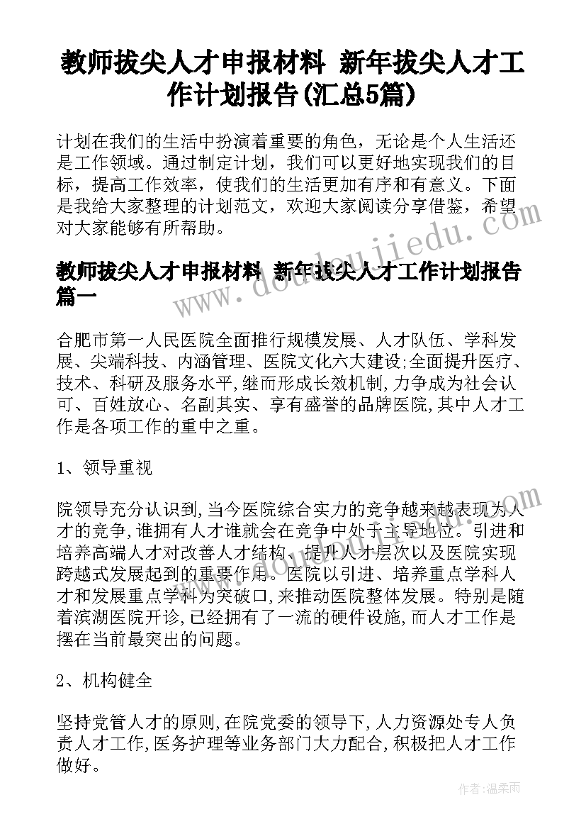 教师拔尖人才申报材料 新年拔尖人才工作计划报告(汇总5篇)