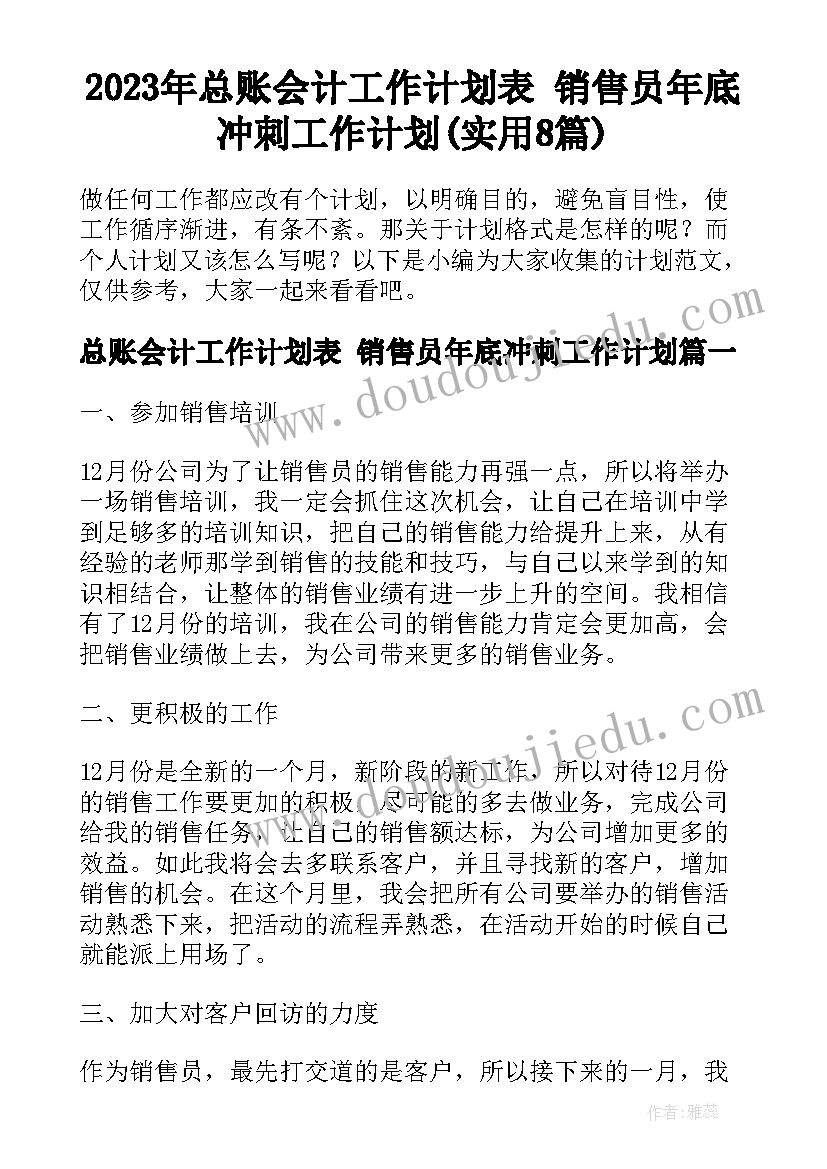 2023年总账会计工作计划表 销售员年底冲刺工作计划(实用8篇)