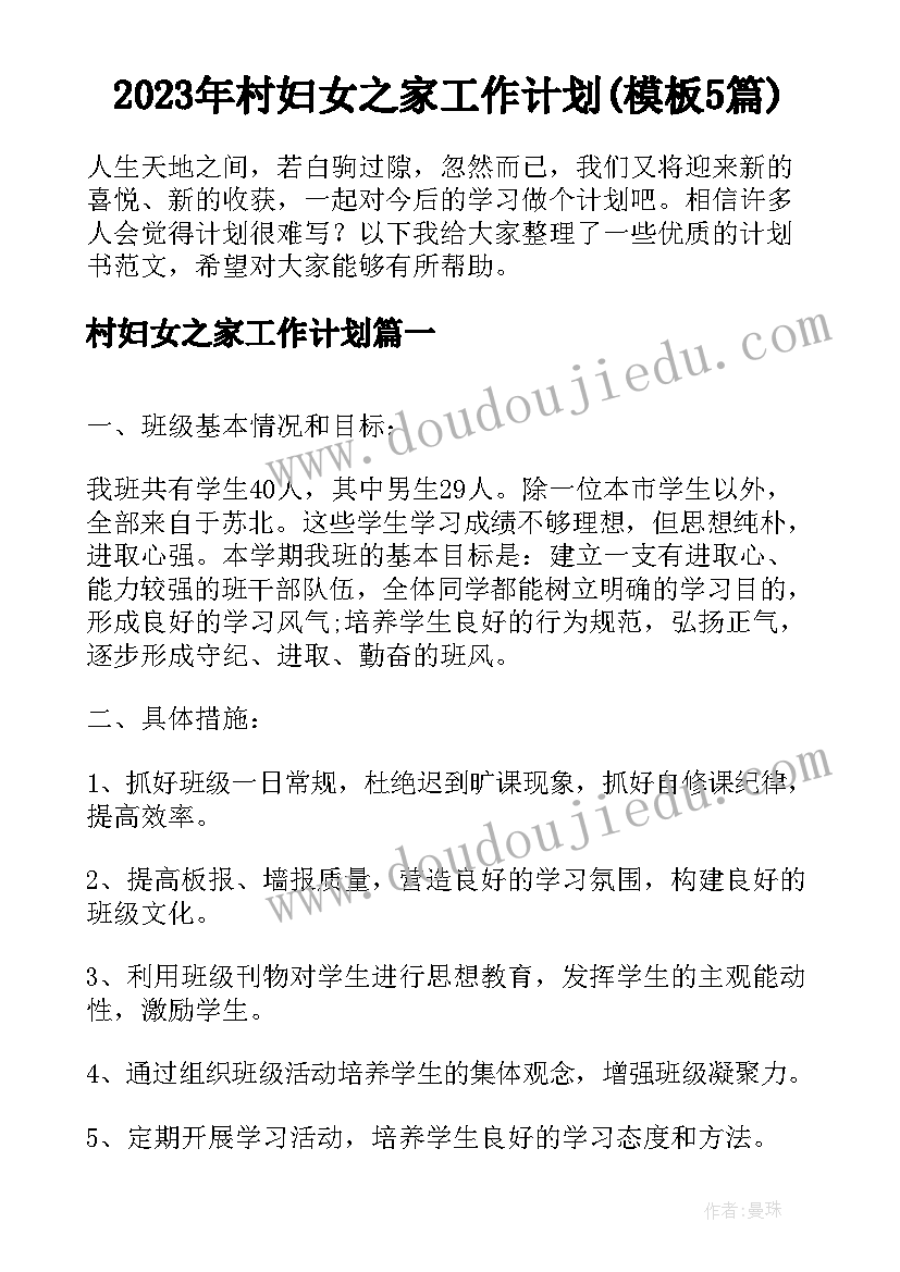 2023年村妇女之家工作计划(模板5篇)