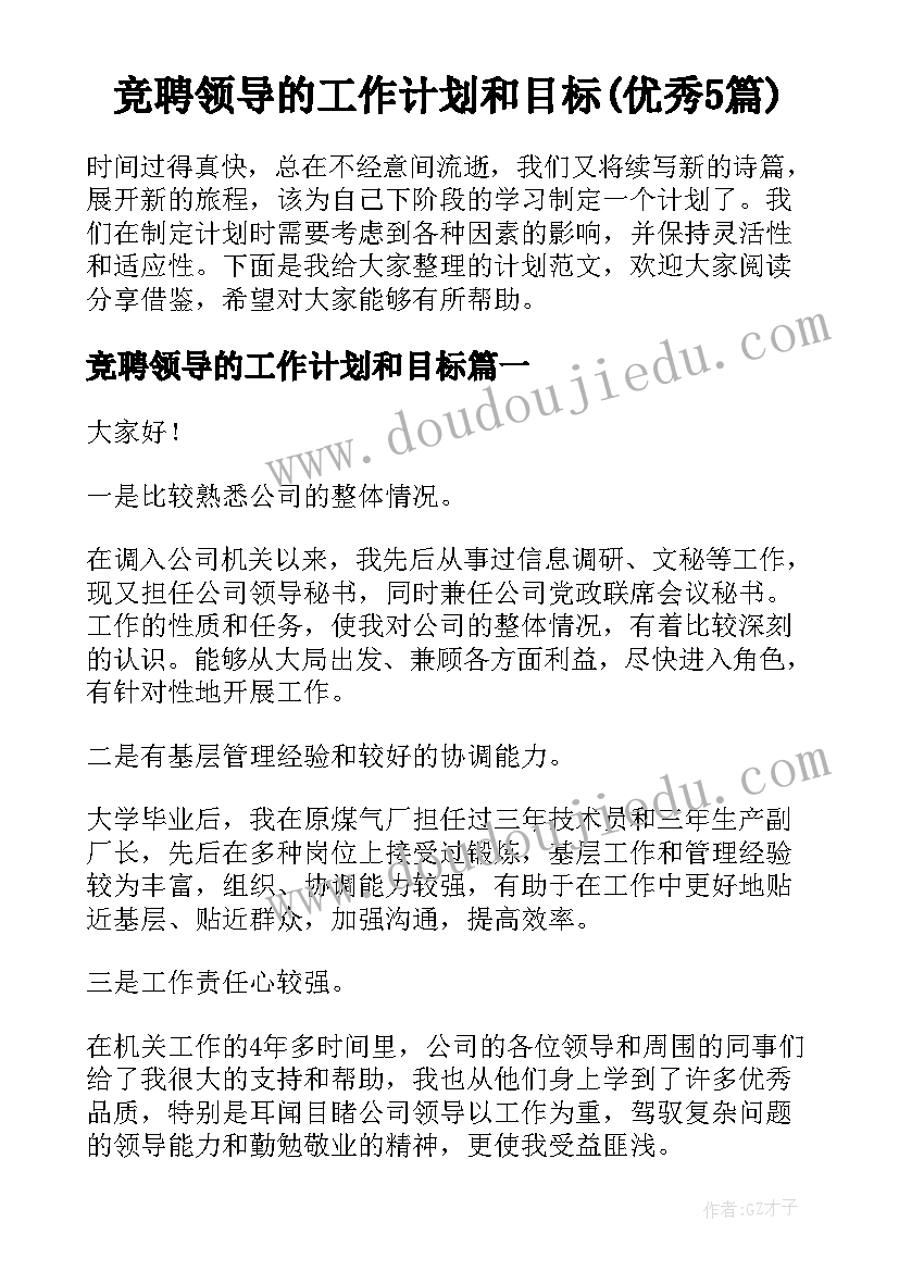 竞聘领导的工作计划和目标(优秀5篇)