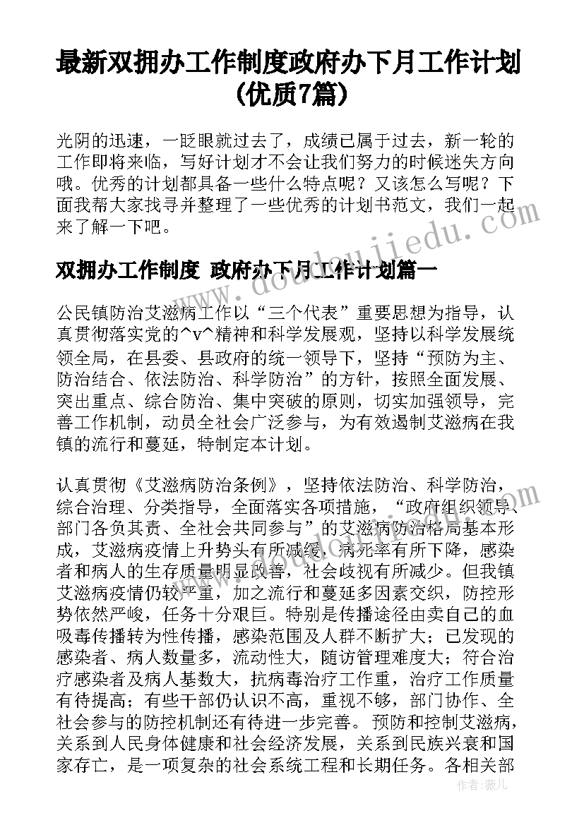 最新双拥办工作制度 政府办下月工作计划(优质7篇)