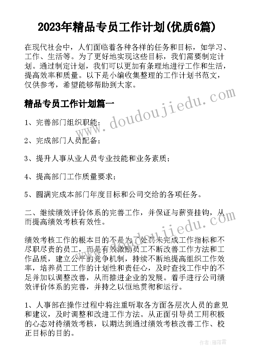 2023年精品专员工作计划(优质6篇)