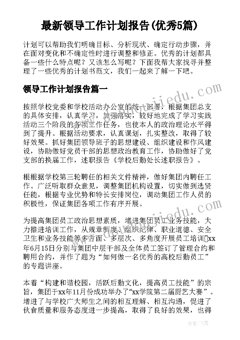 最新领导工作计划报告(优秀5篇)