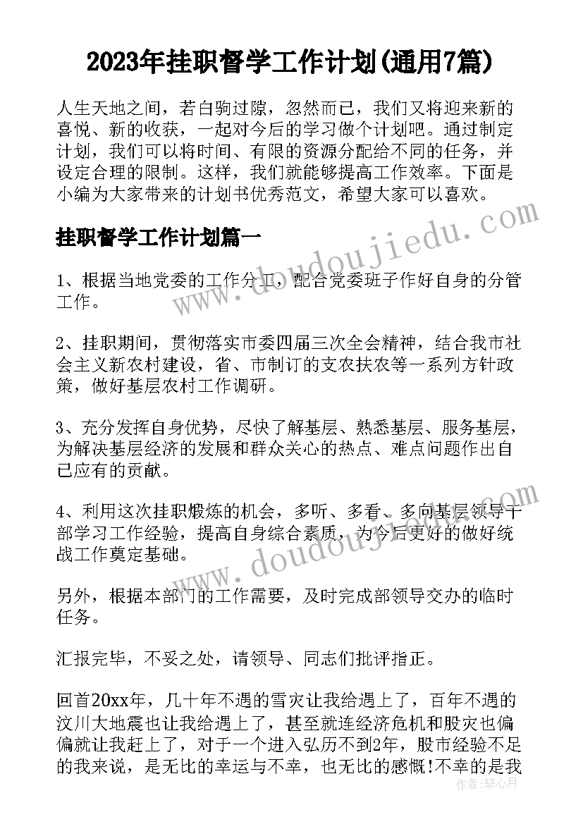 2023年挂职督学工作计划(通用7篇)