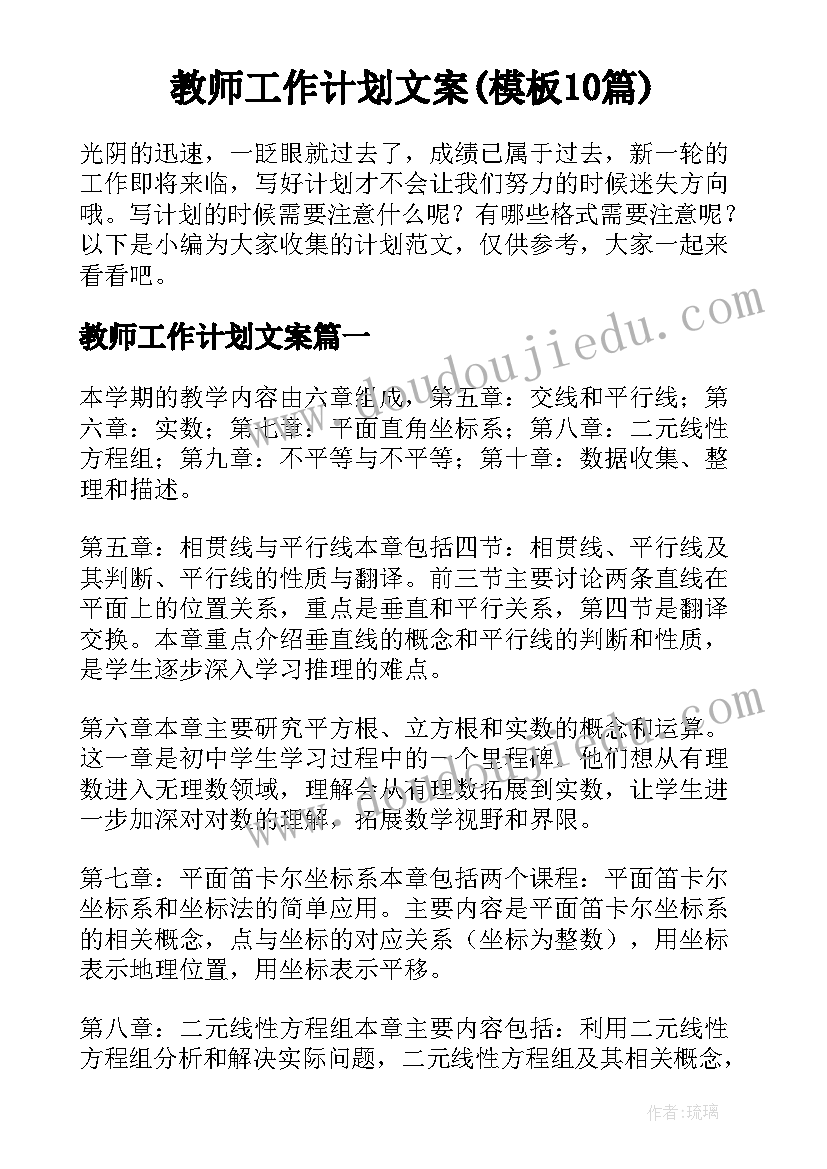 教师工作计划文案(模板10篇)