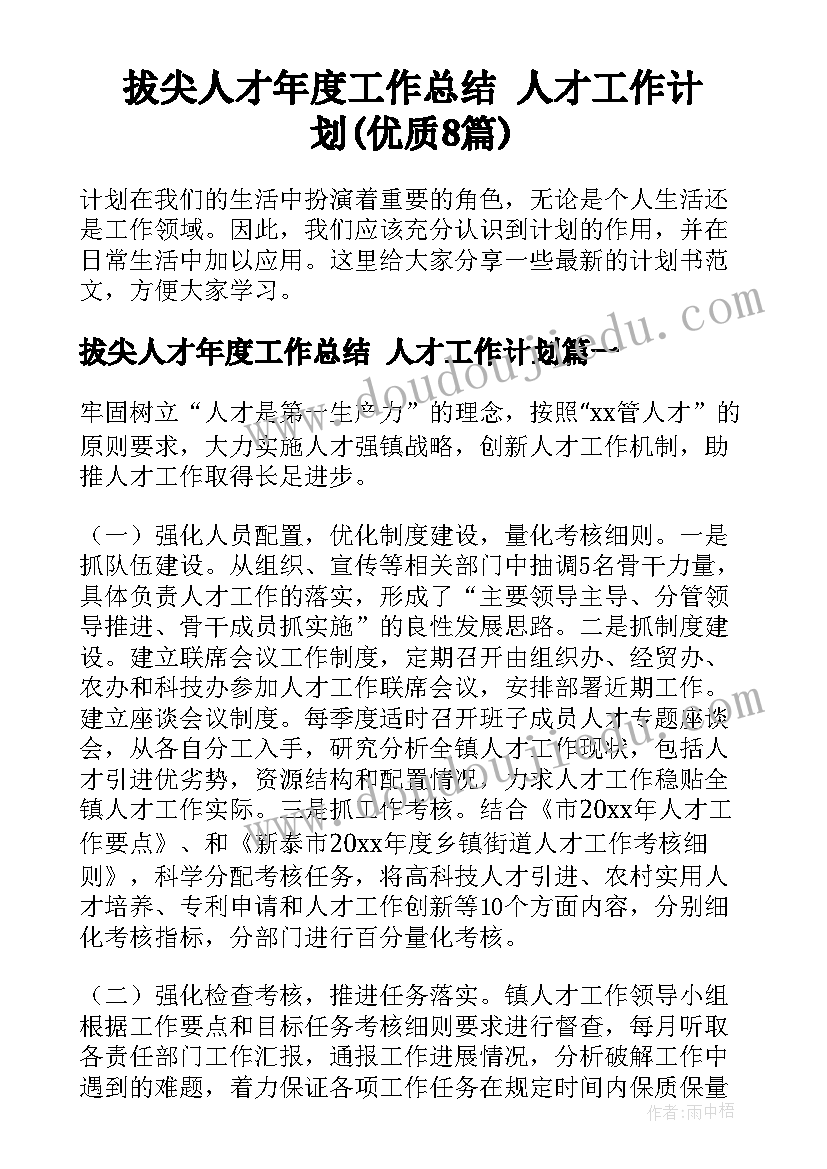 拔尖人才年度工作总结 人才工作计划(优质8篇)