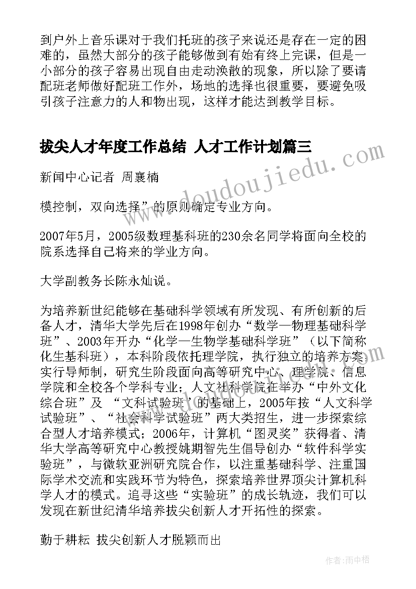 拔尖人才年度工作总结 人才工作计划(优质8篇)