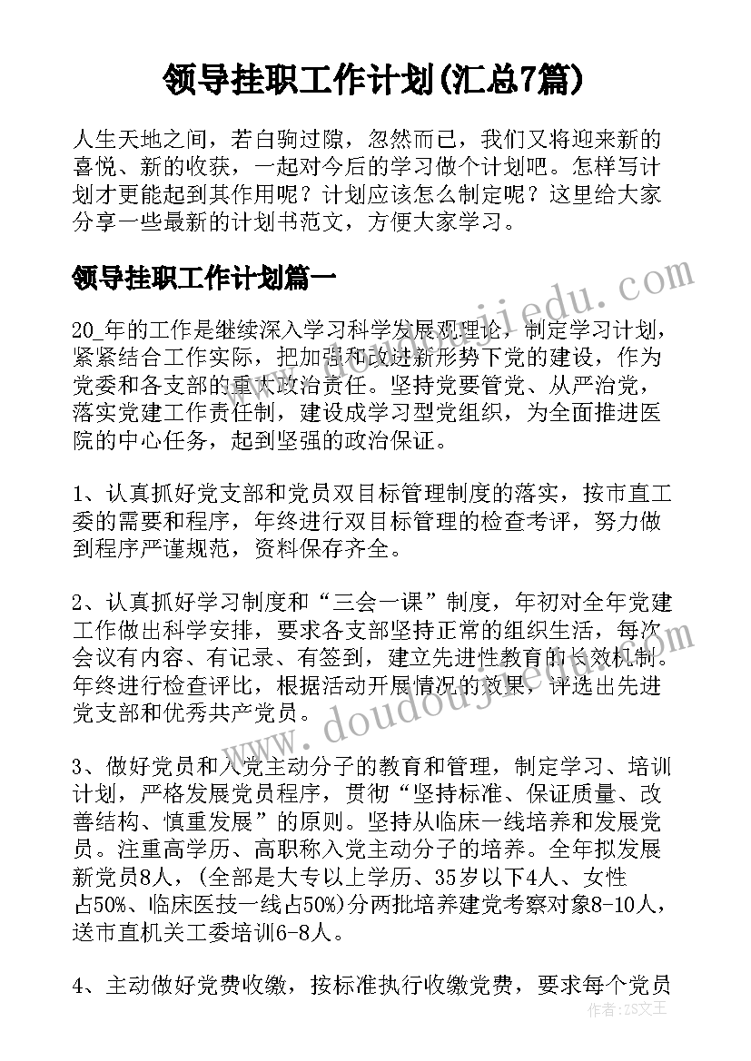 领导挂职工作计划(汇总7篇)