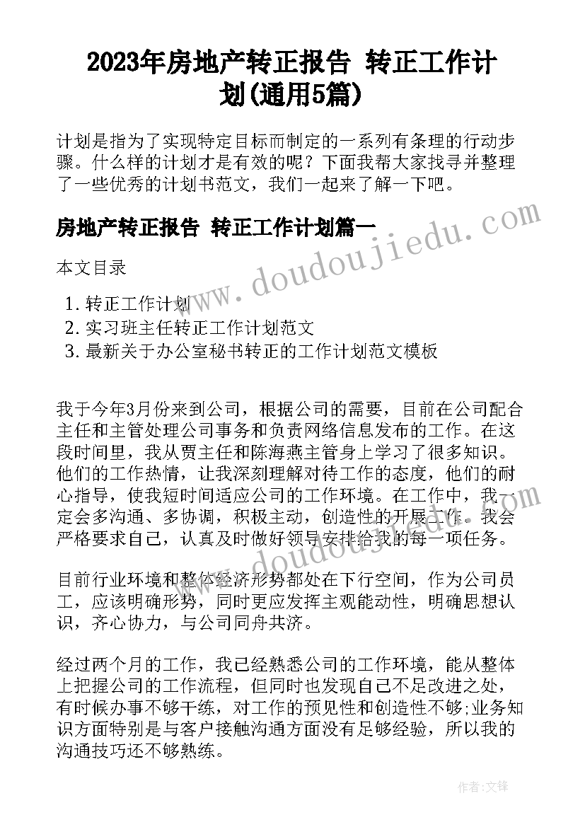 2023年房地产转正报告 转正工作计划(通用5篇)