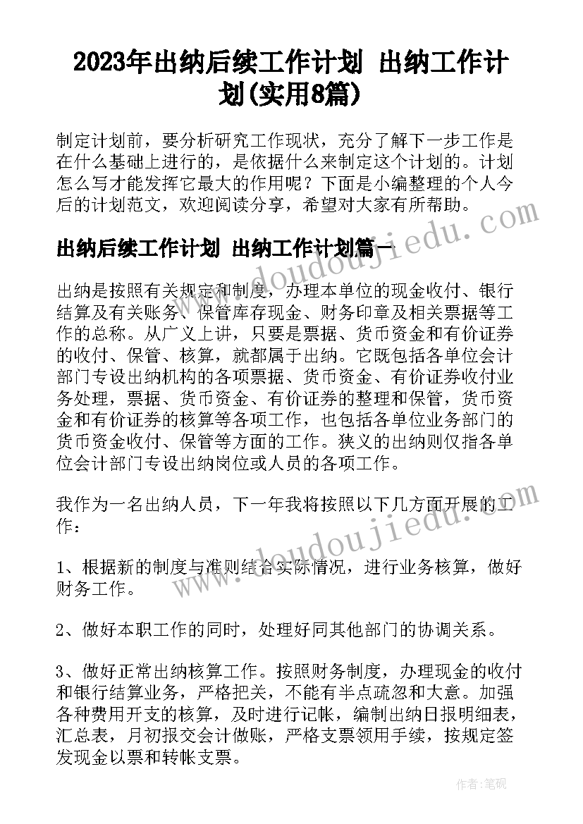 2023年出纳后续工作计划 出纳工作计划(实用8篇)