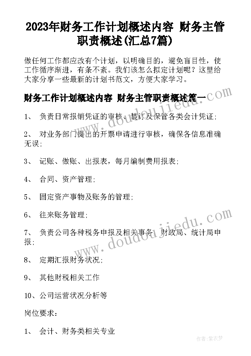 2023年财务工作计划概述内容 财务主管职责概述(汇总7篇)