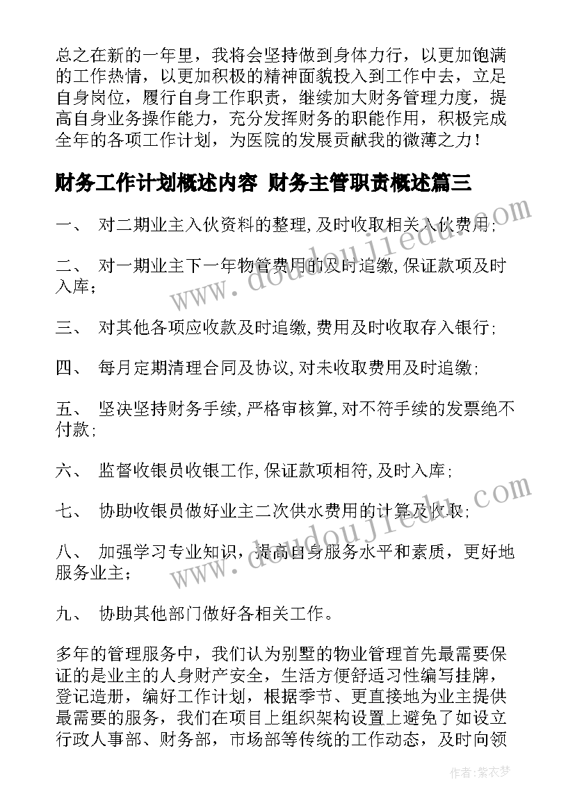 2023年财务工作计划概述内容 财务主管职责概述(汇总7篇)