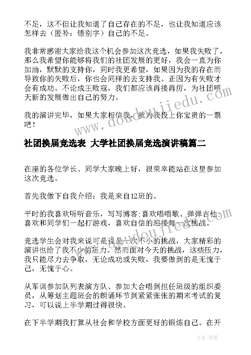 最新社团换届竞选表 大学社团换届竞选演讲稿(精选5篇)