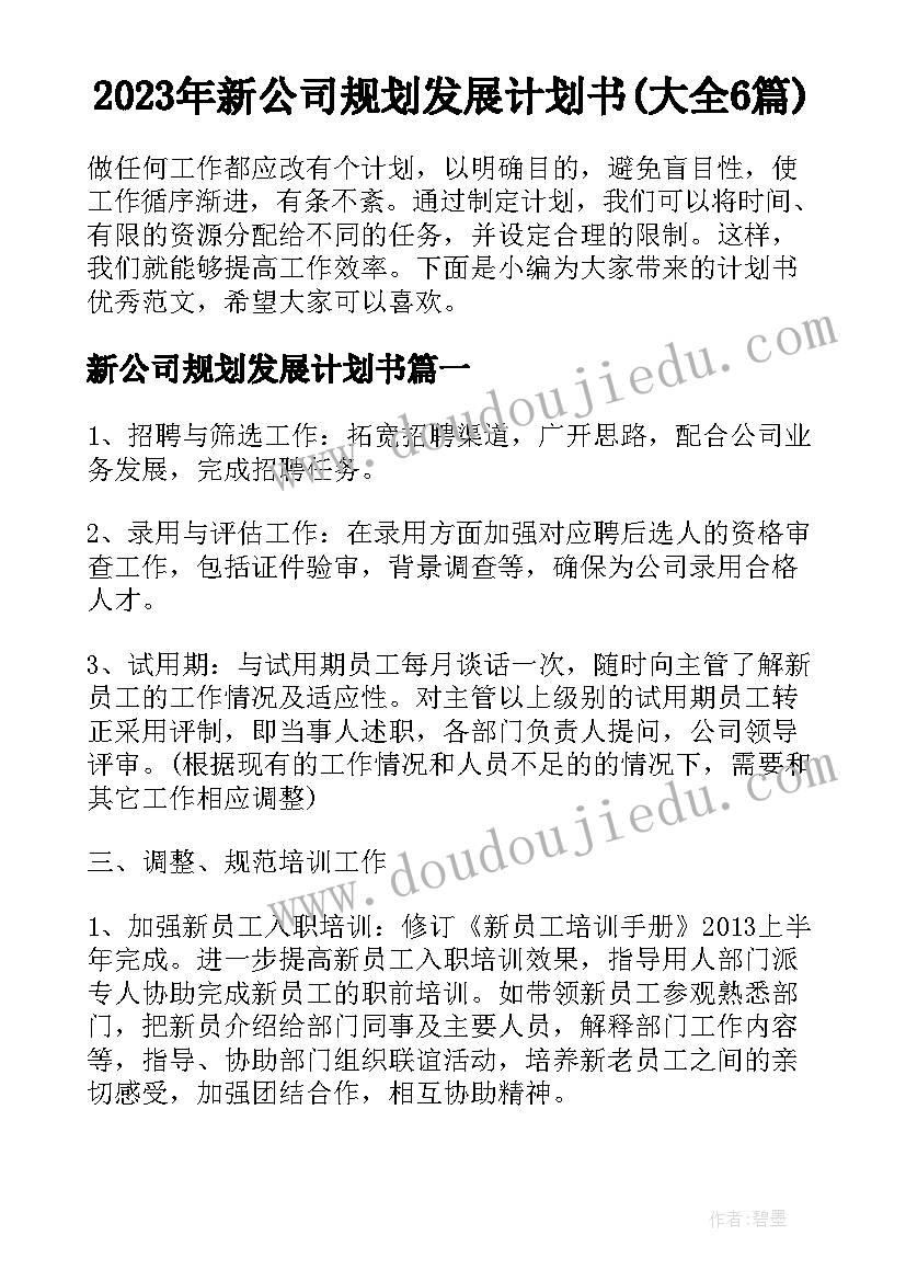 2023年新公司规划发展计划书(大全6篇)