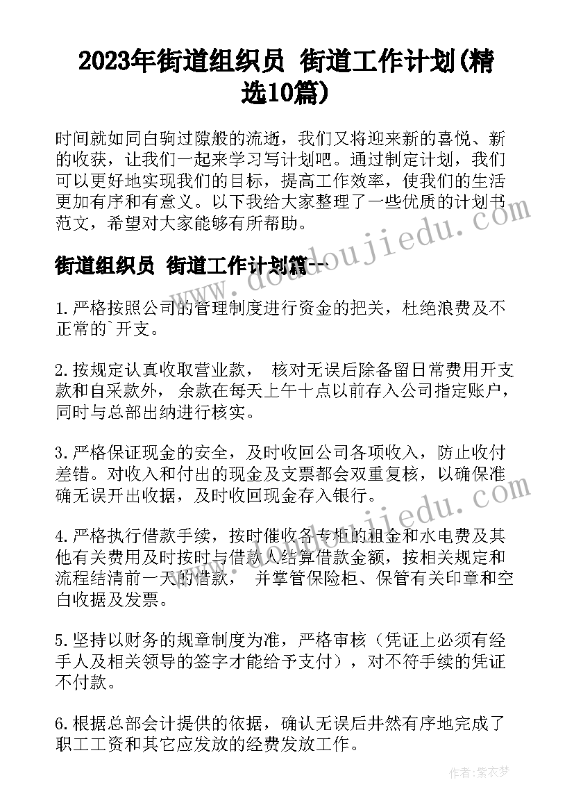 2023年街道组织员 街道工作计划(精选10篇)