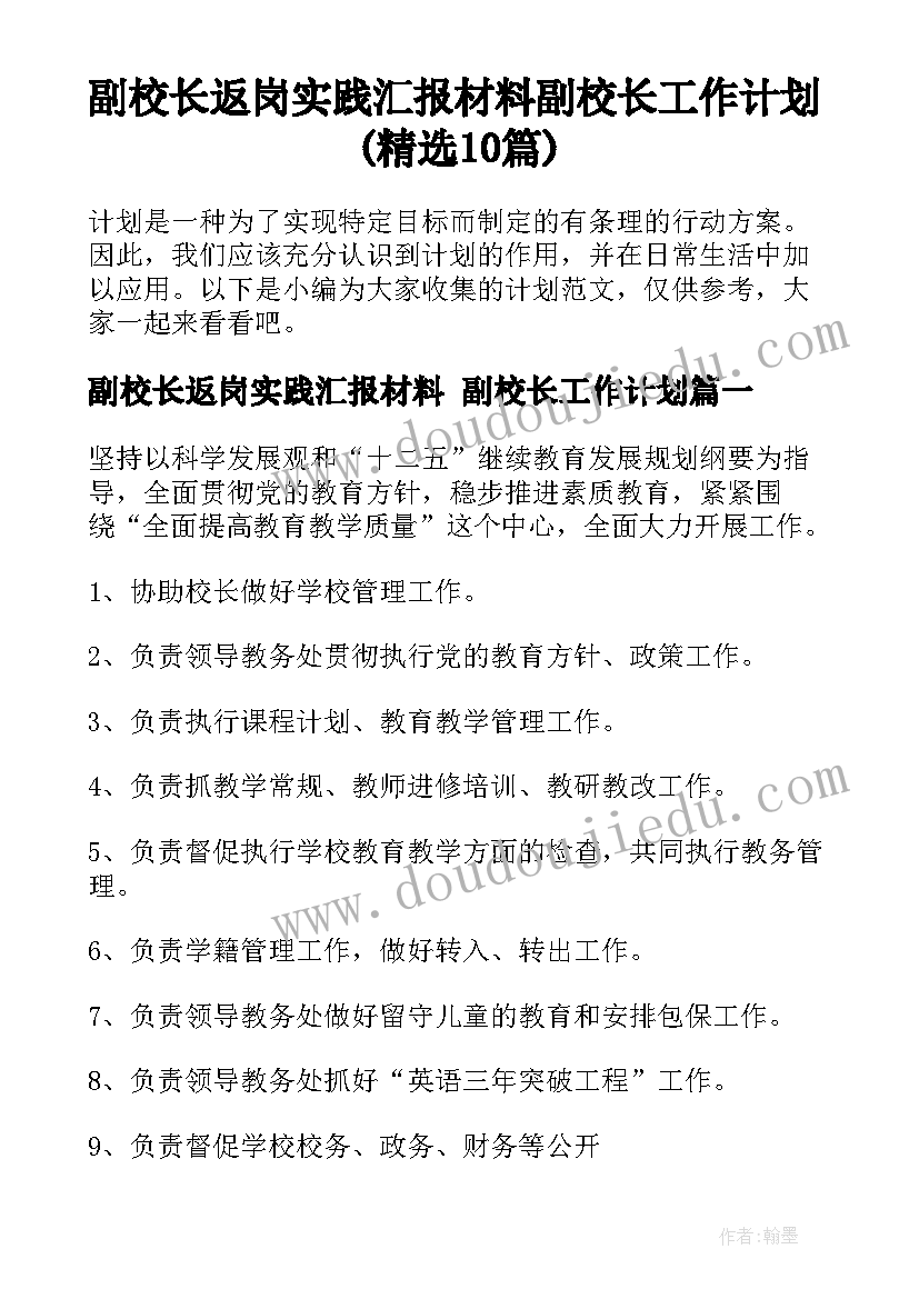 副校长返岗实践汇报材料 副校长工作计划(精选10篇)