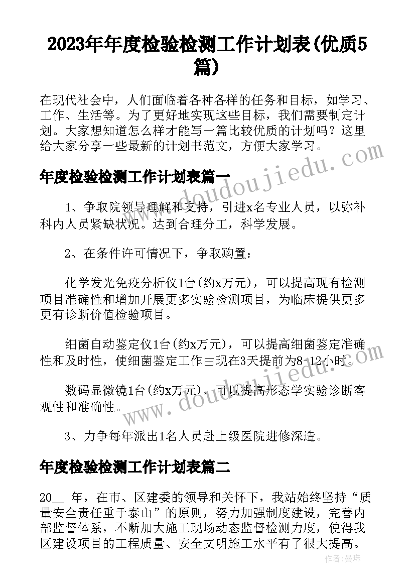 2023年年度检验检测工作计划表(优质5篇)