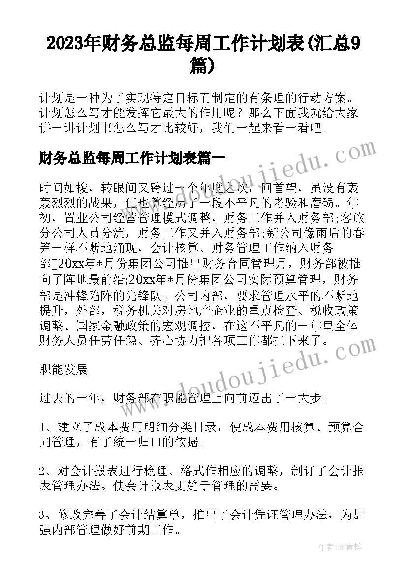 2023年财务总监每周工作计划表(汇总9篇)