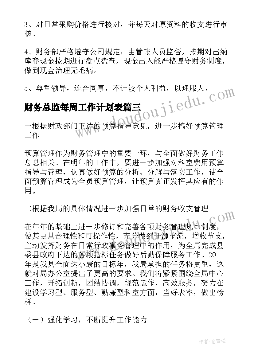 2023年财务总监每周工作计划表(汇总9篇)