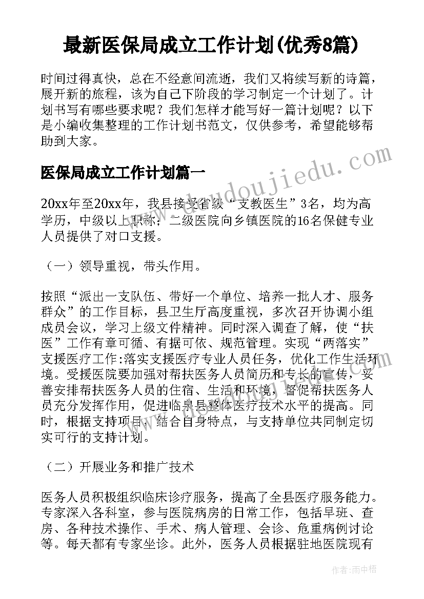 最新医保局成立工作计划(优秀8篇)