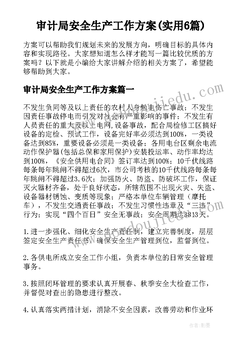 审计局安全生产工作方案(实用6篇)