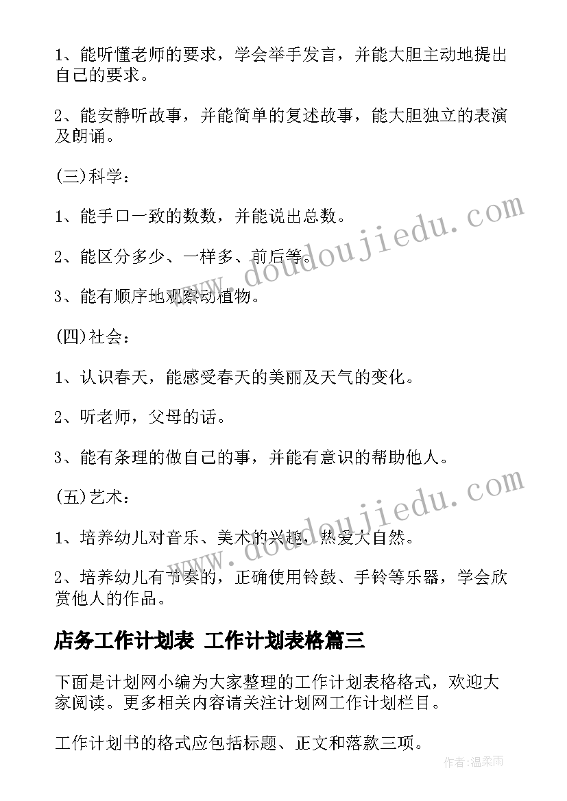 店务工作计划表 工作计划表格(优质7篇)